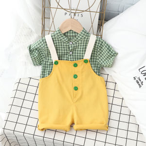 Anak-anak Anak Laki-laki Kemeja Kotak-kotak Lengan Pendek Celana Panjang Bertali Kasual Kapas Jas Baju Katun Pakaian Setelan