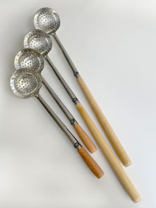 Large Stainless Steel Sieve Spoon with Wooden Handle for Restaurant And Hotel Commercial Use Extended Handle Tin Furnace Dregs Spoon