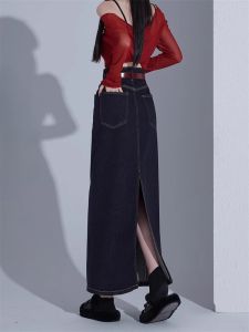 Deep Blue High Waist A-Line Straight Cut Midi Denim Skirt for Women Spring Autumn New Style Retro Back Split Half-length Skirt