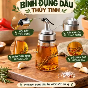 Chai Thủy Tinh Đựng Gia Vị 200ml Nắp Bấm Inox Oil Bottle Vòi Rót Dầu Ăn Nước Mắm