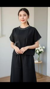 🌿 ชุดเซตแฮนด์เมด 2 ชิ้น เสื้อ + กางเกงขากระบอก 5 ส่วน | ผ้าฝ้ายฟอกนิ่ม ปักด้นทำมือ | สีดำสุภาพ ใส่เรียบง่ายอย่างมีความหมาย 🕊️
