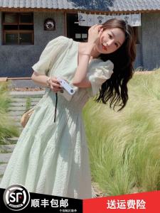 Elegant Light Green French Style Dress Womens Summer New Fashion Slimming Texture Fairy Skirt High Waist A-Line Long Dress