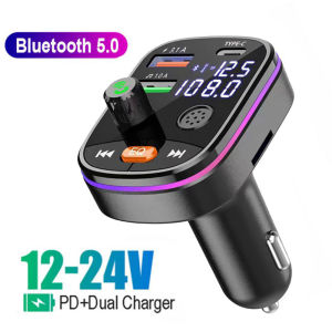 KEBIDU Bluetooth 5.0 Car FM Transmitter Dual USB 3.1A+Type-C Car Charger Ambient Light Handsfree Car Kit Mp3 Player Support TF Card