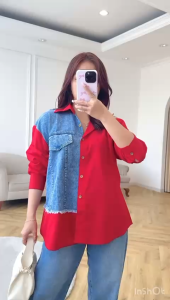 SJM DARNISHA KEMEJA MERAH DENIM SNOW LENHAN PANJANG FASHIONABLE IMPORT 8363