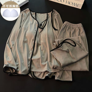 Ice Silk Thread Sleepwear Womens Long Sleeve Three Piece Set with Chest Pad Home Clothes Spring Autumn Cool Feeling Home Clothes