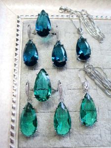 London Blue Ink Blue Artificial Crystal Simple Large Waterdrop XH02 Blue Green Hinged Ring Pendant Necklace Earring Set