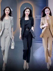 Fashionable Womens Mini Suit Set Three Pieces Autumn 2024 New Style Elegant Casual Professional OL Polyester Long Sleeve Button