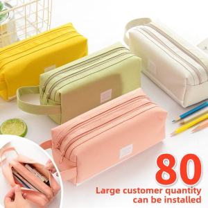Creative Double Layer Zipper Canvas Pencil Case Girls Boys School Stationery Bag Simple Style Cultural Business Supplies