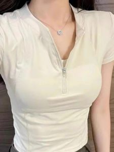 Áo Thun Tay Ngắn Khóa Kéo Cổ Chữ V Màu Trắng Tay Áo Ôm Vừa Vặn Thoáng Khí Nhanh Khô Mùa Hè Cho Nữ