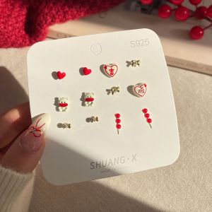 Bộ Tai Ngọc Trai Đỏ Hoạt Hình Dễ Thương Cho Nữ Tai Ngọc Trai Bạc Tươi Mới Phong Cách Ngọt Ngào Tai Trang Sức Thời Trang