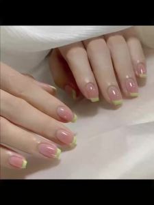 Short Square Fake Nails for Women Girls Purple Pink Nail Tips with Green Yellow Frame French Style Color Blocking Press On Nail