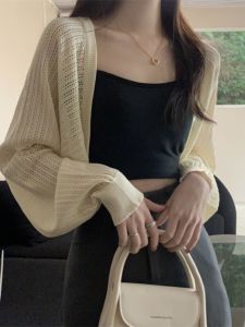 French Style Ice Silk Knitted Sun Protection Open Cardigan Top Women Summer Thin Outerwear Shoulder Baring Dress Cover up