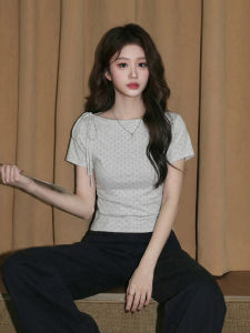 ZISUO | Grey Dots Round Neck Short Sleeve Womens T-Shirt Waist Bow