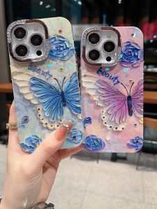 Elegant Oil Painting Blue White Butterfly Diamond Mirror Frame Lens CoverFor  Series 16 15 14 PorPromax Phone Cases