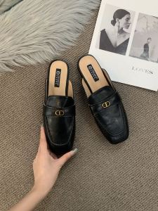 French Style Flat Bottom Mules Silver Slip-On Womens Shoes Summer Autumn New Korean Version Head Cover Sandals Lazy Shoes