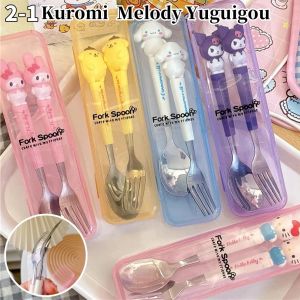 2pcs/set Kuromi Fork Spoon Stainless Steel Student Tableware Accessories Portable Kid Eating Tableware