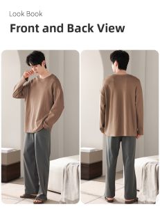 Miiow | Mens Pure Cotton Sleepwear Long Sleeve Round Neck Pullover Set Casual Home Clothes Spring Autumn Wearable Comfortable Breathable