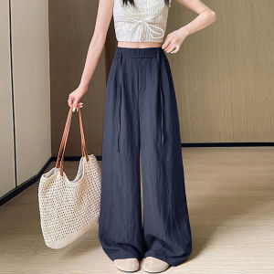 MiiOW | MiiOW Ice Silk Linen Wide Leg Pants Womens Casual Summer Thin Drapey Loose Fit Trousers High Waist Straight Cut Elastic Waistband