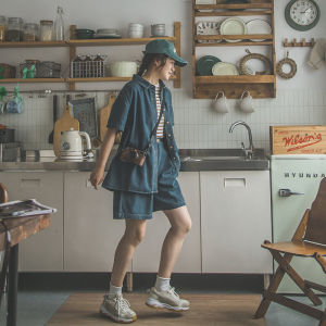 Azure Girl Thin Denim Suit Japanese Style Shirt Shorts Retro Loose Short Sleeve Cropped Pants Two-piece Set Summer