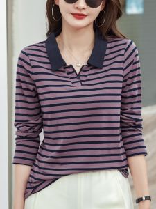 Elegant Pure Cotton Long Sleeve Polo Shirt Womens Base Layer Loose Fit Striped T-Shirt Breathable Casual Style for Daily Wear