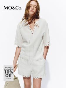 MO&Co. | New Arrival Norman Inspired Linen Handcrafted Lace V-Neck Top