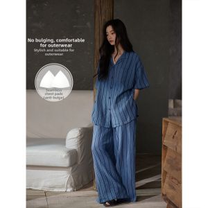 Cotton Summer Short Sleeve Long Pants Pajama Set with Built-in Bra Stripes