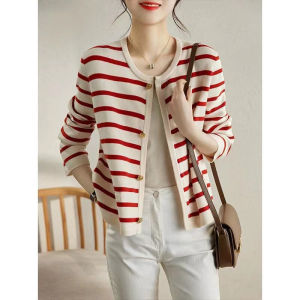 Fashionable High-End Winter Womens Knitted Cardigan Coat round Neck Long Sleeve Striped French Design Commute Style Cashmere