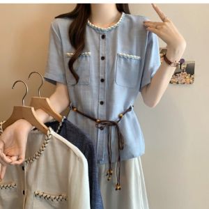 AIYITI | Fatmm Stylish French Blue Shirt Plus Size Belly Covering Spaghetti