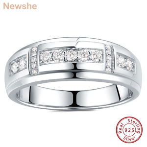 Newshe Full Moissanite Mens Wedding Band 925 Sterling Silver Promise Rings for Him Round Cut Engagement Eternity Ring