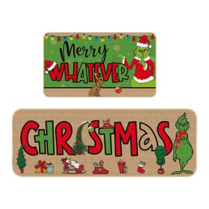 VIKAMA 2pcs Christmas Grinch Rug Set Stain-Resistant & Non-Slip Entrance Hallway Doormat Kitchen & Laundry Room Rug Home Decor