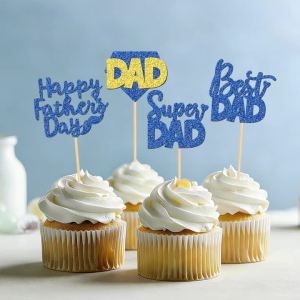 YOMDID Fathers Day Cake Decoration Supplies Glitter Happy Fathers Day Cupcake Toppers Dad Super Dad Mustache Cake Decorations