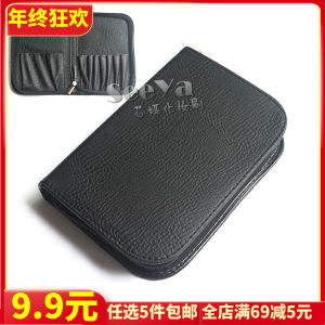 สีดำ หนัง ชุดแปรงแต่งหน้ากระเป๋าเก็บของสองชั้น ซิป กระเป๋าเครื่องสําอางด้ามยาวกันน้ําแบบพกพาเครื่องมือความงามกรณี