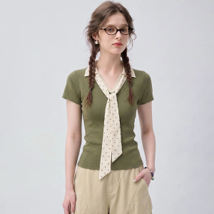 BAIDAIFEI | Polo Neck Short Sleeve Slim Fit Blouse