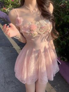 Váy Lưới Ren Hoa Pháp Ngọt Ngào Váy Đuôi Tiên Thắt Eo Mùa Xuân Hè Mới Về Không Tay Cổ Tròn Dáng Chữ a