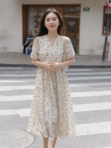 Summer 2025 plus Size Womens Korean Style Slimming Loose Waist Shaping Midi Skirt Dress Floral Print Sweet Butterfly Knot