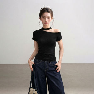 BAIDAIFEI | Áo Thun Ôm Body Cổ Trụ Đen