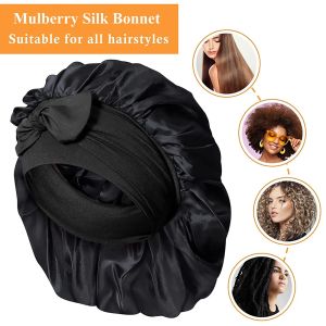 Women 100% Mulberry Silk Sleeping Bonnet Curly Hair Adjustable Satin Sleep Cap Wide Elastic Band No Damage Hair Care Night Cap
