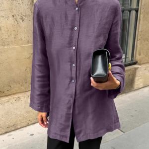 Simple Fashion Womens Purple Round Neck Long-sleeved Single-breasted Shirt 2026 Autumn Casual Commuting Versatile and Thin Top