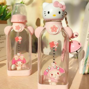 Adorable Hello Kitty Glass Cup with Straw Kitty Cat Nipple Cup Baby Bottle Japanese Style Water Cup Dining Utensils for Kids