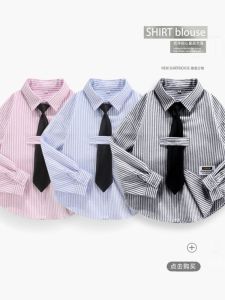 เสื้อเชิ้ตคอปกสั้นแขนยาวผ้าฝ้ายแท้สำหรับเด็กผู้ชายและเด็กผู้หญิง ลายทาง สีน้ำเงิน แฟชั่นเกาหลี ฤดูใบไม้ผลิและฤดูใบไม้ร่วง