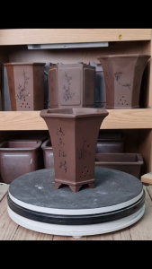chậu mini bonsai chậu lục cao mini chậu gốm tàu nâu tử sa Chậu cao 19cm miệng 16cm.