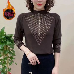 Young Mothers Clothing Fall and Winter New Arrival Fashion Trending Half Turtleneck Hot Drilling South Korean Yarn Slimming Long Sleeves Undershirt Women