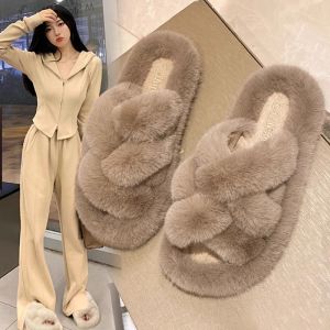 Hong Kong Womens Furry Slippers Outdoor Wear 2025 New Autumn Winter Trendy High-End Fluffy Thick Bottom Cross Cotton Slippers