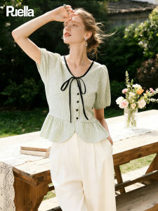 puella | French Designed Checkered Puff Sleeve V-neck Short Sleeve Shirt