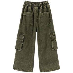 Princess Girls Casual Cotton Blend Denim Workwear Trousers Spring Fashionable Loose Fit Childrens Clothing Kids Pants