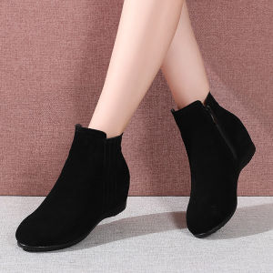 Womens Short Boots Spring Autumn Winter Fashion Martin Boots Flat Bottomed Fleece Lined Wedge Heel Inner Heightening Shoes