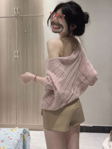 CHANGTONG | Áo Sweater Knitted Dài Tay Kiểu Dáng Rétro Vai Xéo Nhẹ