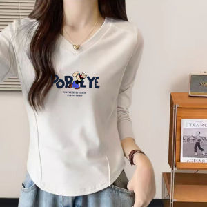 Áo thun cotton nguyên chất dài tay cho nữ Áo sơ mi đế dài ngắn cổ chữ V thời trang cho mùa thu đông