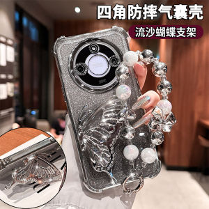 Luxurious Fashion Sandflow Butterfly Stand Compatible with Huawei Honor X60i X50 New Model Women High-End Sensation Flash Powder with Bracelet X40 Transparent Protective Case X30 Four Corner Anti-Fall Full Cover