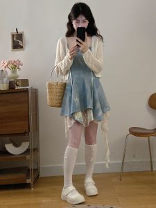 RELNLEX | Bộ Đầm và Áo Denim Phong Cách Pháp Dành Cho Người Mập Hấp Dẫn